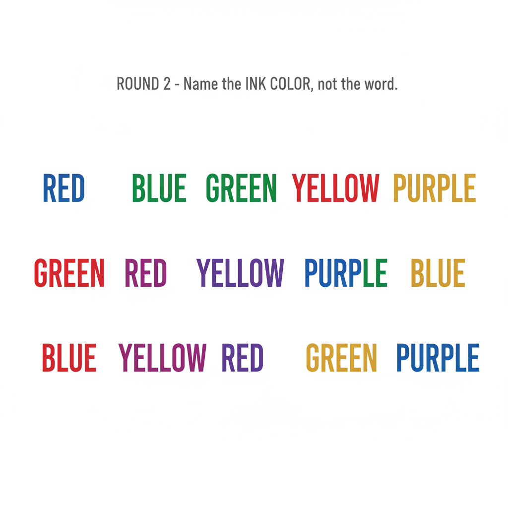 Stroop test Round 2: Color words printed in mismatched ink colors — RED in blue ink, BLUE in green ink, etc. Try naming the INK COLOR, not the word.