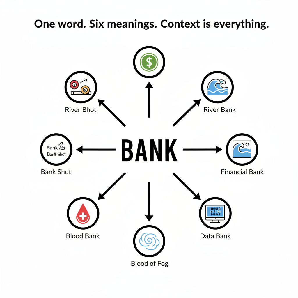 The word BANK with six different meanings radiating outward — river bank, financial bank, bank shot, blood bank, fog bank, data bank. One word, six meanings.