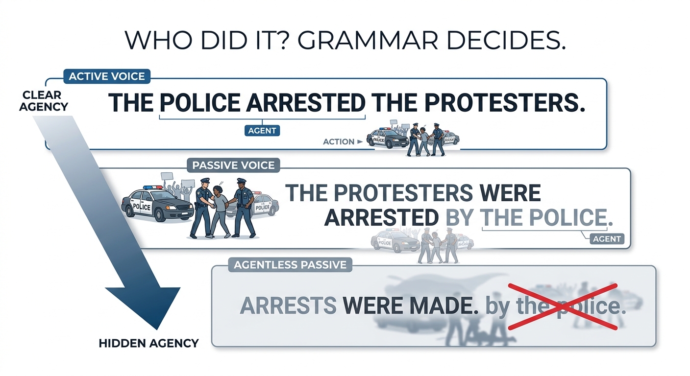 How grammar hides agency: from active voice ("The police arrested the protesters") to passive ("The protesters were arrested") to agentless passive ("Arrests were made") — who did it disappears