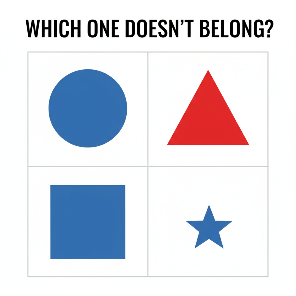 Which One Doesn't Belong: a blue circle, red triangle, blue square, and blue star — each can be the "odd one out" depending on what criteria you choose