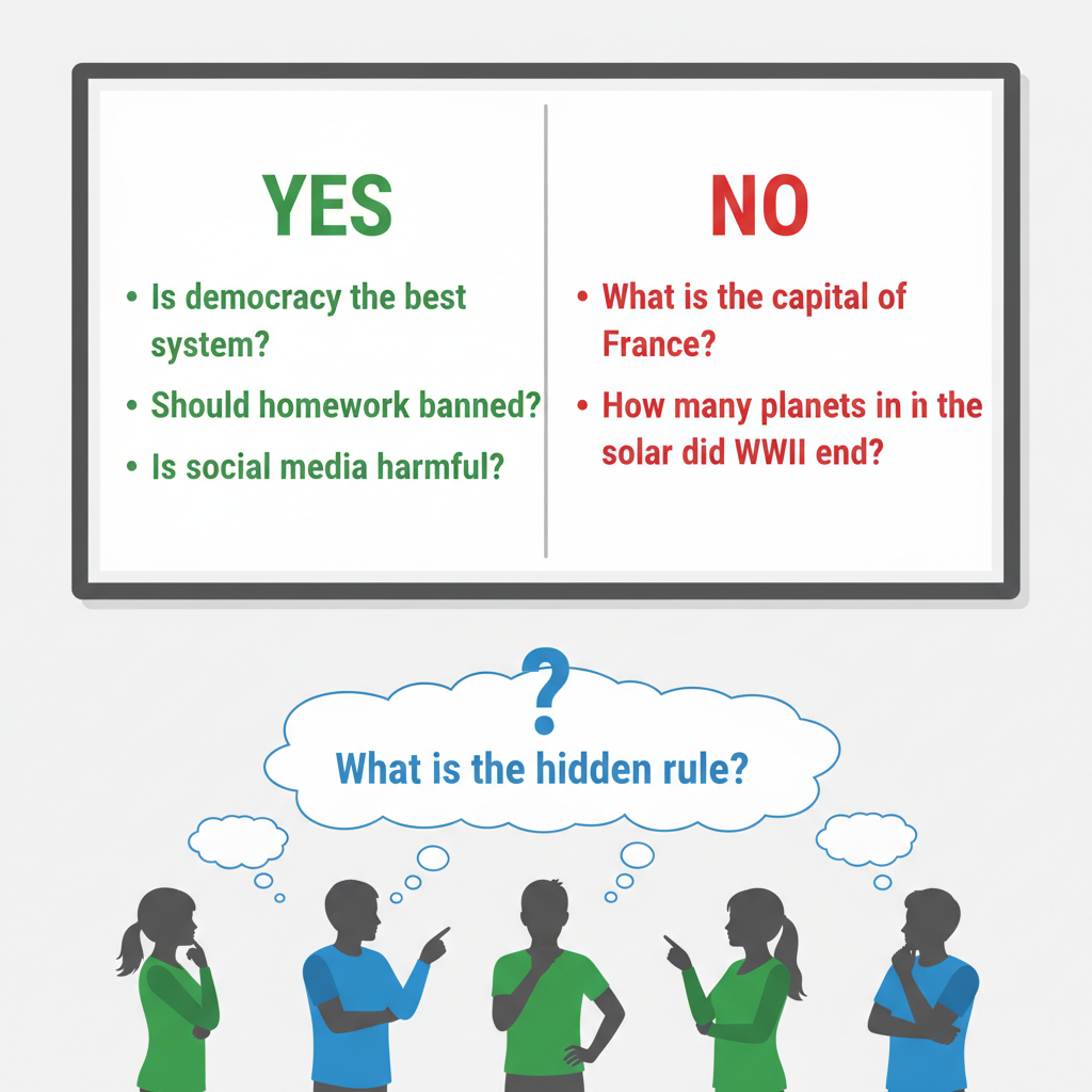 The Hidden Rule activity: a YES/NO wall with examples sorted into two columns — students must inductively figure out the classification rule