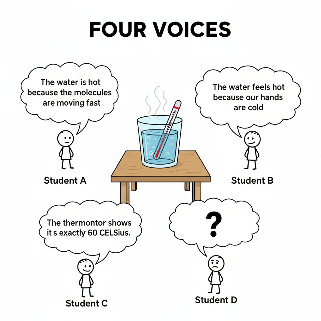 Four Voices concept cartoon: Students A, B, and C each offer a different explanation for why water in a glass feels hot, while Student D has only a question mark — which voice is missing?